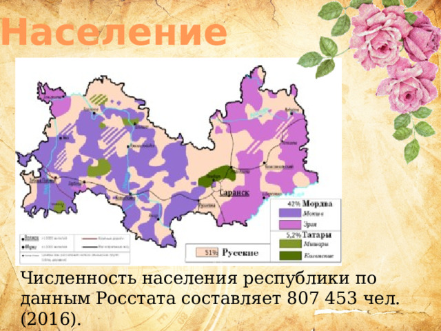 Население Численность населения республики по данным Росстата составляет 807 453 чел. (2016).  