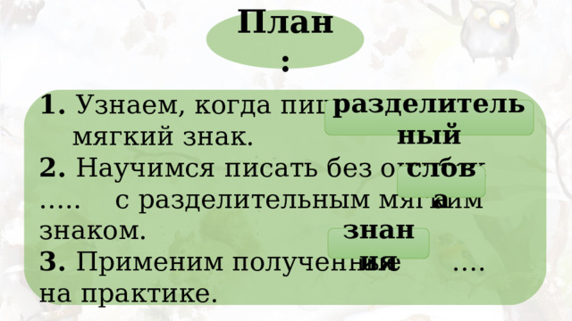 План: 1. Узнаем, когда пишется ……. мягкий знак. 2. Научимся писать без ошибок ….. с разделительным мягким знаком. 3. Применим полученные …. на практике. разделительный слова знания 