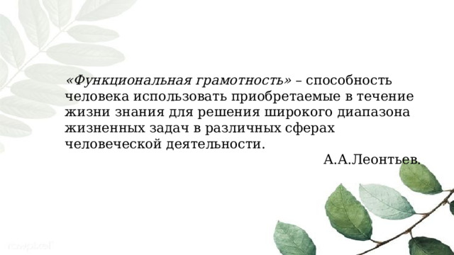 «Функциональная грамотность» – способность человека использовать приобретаемые в течение жизни знания для решения широкого диапазона жизненных задач в различных сферах человеческой деятельности. А.А.Леонтьев.  