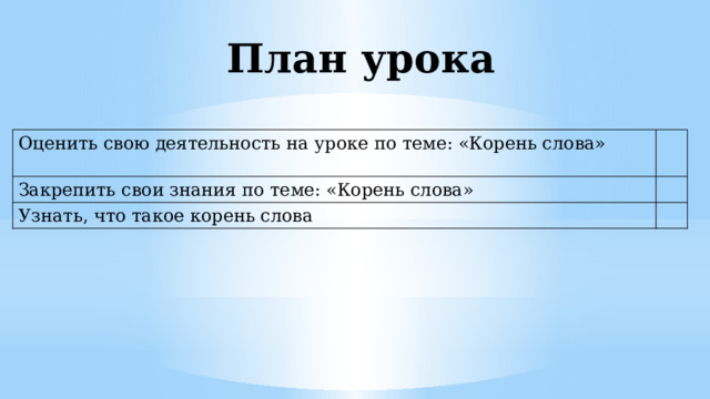 План урока Оценить свою деятельность на уроке по теме: «Корень слова» Закрепить свои знания по теме: «Корень слова» Узнать, что такое корень слова 