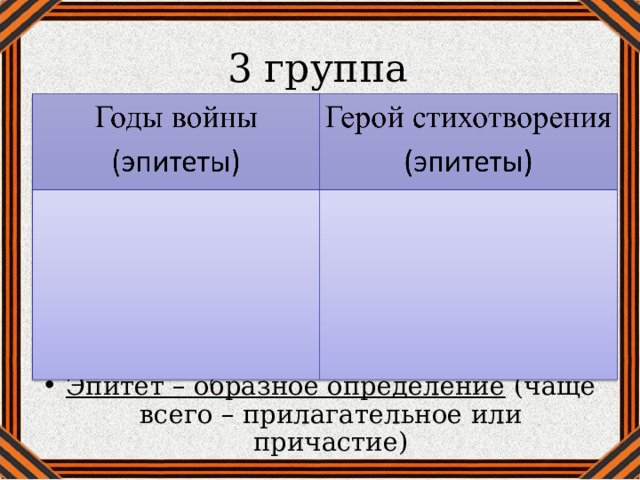 3 группа Эпитет – образное определение (чаще всего – прилагательное или причастие) 