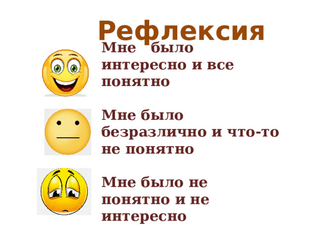 Рефлексия Мне было интересно и все понятно  Мне было безразлично и что-то не понятно  Мне было не понятно и не интересно 