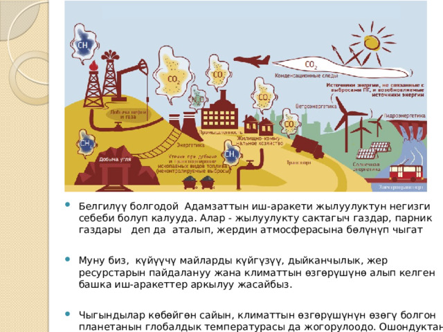 Белгилүү болгодой Адамзаттын иш-аракети жылуулуктун негизги себеби болуп калууда. Алар - жылуулукту сактагыч газдар, парник газдары деп да аталып, жердин атмосферасына бөлүнүп чыгат Муну биз, күйүүчү майларды күйгүзүү, дыйканчылык, жер ресурстарын пайдалануу жана климаттын өзгөрүшүнө алып келген башка иш-аракеттер аркылуу жасайбыз. Чыгындылар көбөйгөн сайын, климаттын өзгөрүшүнүн өзөгү болгон планетанын глобалдык температурасы да жогорулоодо. Ошондуктан парник эффектиси өсүүдө. 