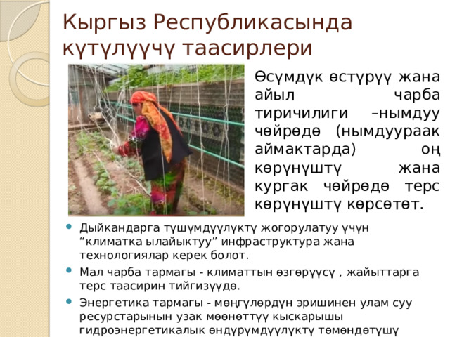 Кыргыз Республикасында күтүлүүчү таасирлери Өсүмдүк өстүрүү жана айыл чарба тиричилиги –нымдуу чөйрөдө (нымдуураак аймактарда) оң көрүнүштү жана кургак чөйрөдө терс көрүнүштү көрсөтөт. Дыйкандарга түшүмдүүлүктү жогорулатуу үчүн “климатка ылайыктуу” инфраструктура жана технологиялар керек болот. Мал чарба тармагы - климаттын өзгөрүүсү , жайыттарга терс таасирин тийгизүүдө. Энергетика тармагы - мөңгүлөрдүн эришинен улам суу ресурстарынын узак мөөнөттүү кыскарышы гидроэнергетикалык өндүрүмдүүлүктү төмөндөтүшү мүмкүн. 
