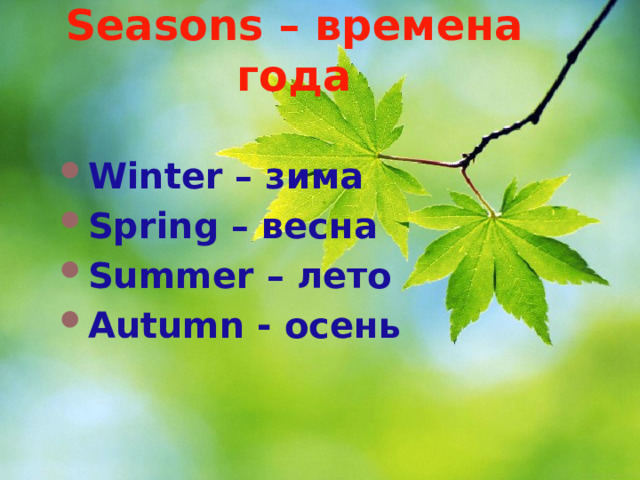 Seasons – времена года Winter – зима Spring – весна Summer – лето Autumn - осень 