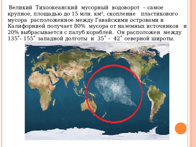  Великий Тихоокеанский мусорный водоворот – самое крупное, площадью до 15 млн. км², скопление пластикового мусора расположенное между Гавайскими островами и Калифорнией получает 80% мусора от наземных источников и 20% выбрасывается с палуб кораблей. Он расположен между 135˚- 155˚ западной долготы и 35˚ - 42˚ северной широты. 