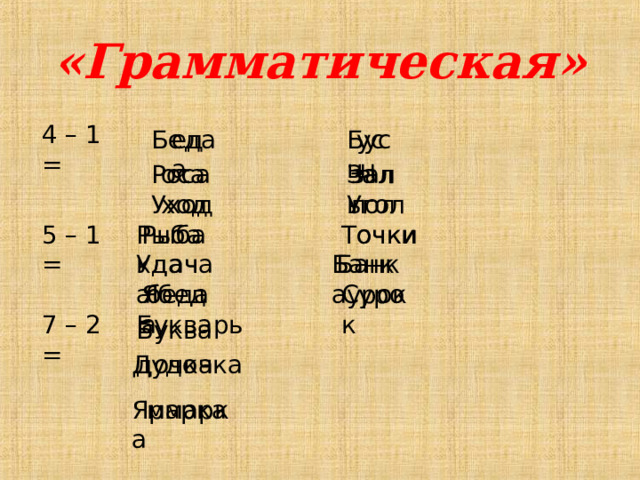 «Грамматическая» 4 – 1 = усы еда Беда Бусы Роса Залы оса зал гол ход Угол Уход Рыба 5 – 1 = Рыбак Точки очки Банк дача Удача Банка Сурок беда Ябеда урок 7 – 2 = Букварь Буква Дудочка дочка Ярмарка марка 