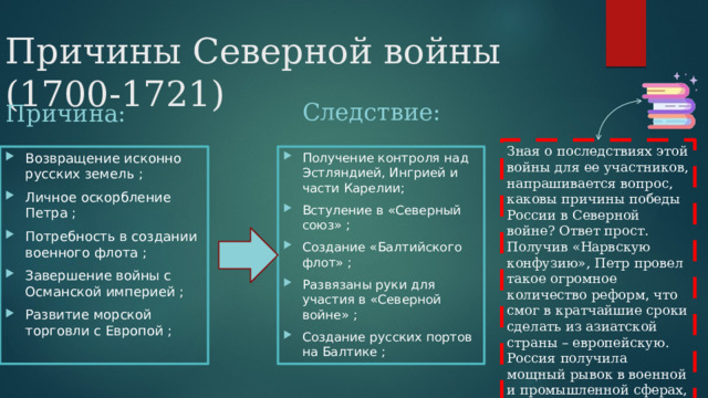 Причины Северной войны (1700-1721) Следствие: Причина: Зная о последствиях этой войны для ее участников, напрашивается вопрос, каковы причины победы России в Северной войне? Ответ прост. Получив «Нарвскую конфузию», Петр провел такое огромное количество реформ, что смог в кратчайшие сроки сделать из азиатской страны – европейскую. Россия получила мощный рывок в военной и промышленной сферах, став империей. Возвращение исконно русских земель ; Личное оскорбление Петра ; Потребность в создании военного флота ; Завершение войны с Османской империей ; Развитие морской торговли с Европой ; Получение контроля над Эстляндией, Ингрией и части Карелии; Встуление в «Северный союз» ; Создание «Балтийского флот» ; Развязаны руки для участия в «Северной войне» ; Создание русских портов на Балтике ; 
