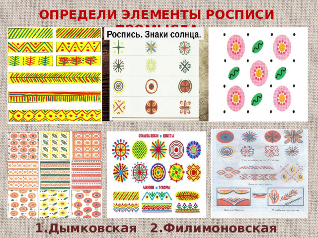 ОПРЕДЕЛИ ЭЛЕМЕНТЫ РОСПИСИ ПРОМЫСЛА ОПРЕДЕЛИ ЭЛЕМЕНТЫ РОСПИСИ ПРОМЫСЛА 1.Дымковская 2.Филимоновская 3.Каргопольская 1.Дымковская 2.Филимоновская 3.Каргопольская  