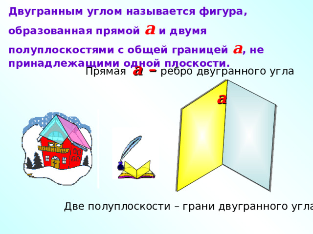 Двугранным углом называется фигура, образованная прямой a и двумя полуплоскостями с общей границей a , не принадлежащими одной плоскости. Прямая a – ребро двугранного угла a В обыденной жизни мы часто встречаемся с предметами, имеющими форму двугранного угла. Такими предметами являются двускатные крыши зданий, полураскрытая книга, стена комнаты совместно с полом и т.д. Две полуплоскости – грани двугранного угла 3 