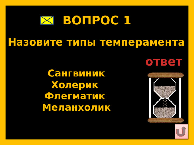 ВОПРОС 1   Назовите типы темперамента   ответ   Сангвиник Холерик Флегматик Меланхолик   
