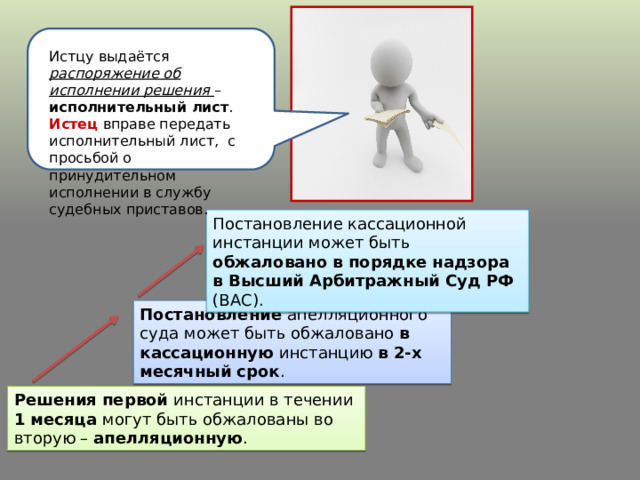 Истцу выдаётся распоряжение об исполнении решения – исполнительный лист . Истец вправе передать исполнительный лист, с просьбой о принудительном исполнении в службу судебных приставов. Постановление кассационной инстанции может быть обжаловано в порядке надзора в Высший Арбитражный Суд РФ (ВАС). Постановление апелляционного суда может быть обжаловано в кассационную инстанцию в 2-х месячный срок . Решения первой инстанции в течении 1 месяца могут быть обжалованы во вторую – апелляционную . 