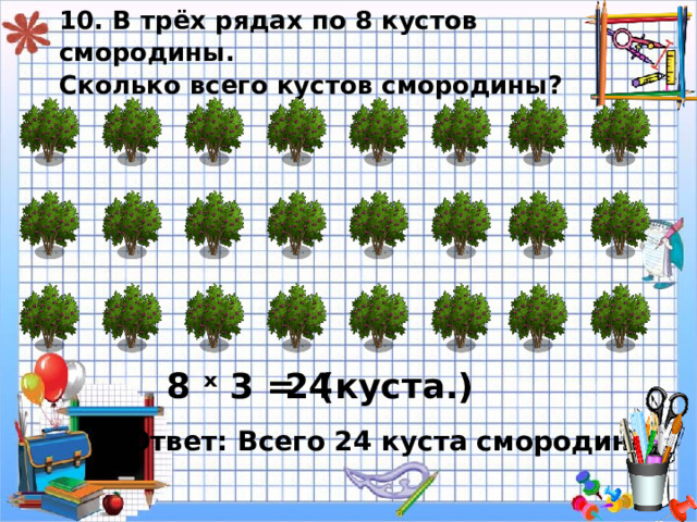 10. В трёх рядах по 8 кустов смородины.  Сколько всего кустов смородины? 8 ˣ 3 = ( куста.) 24 Ответ: Всего 24 куста смородины. 