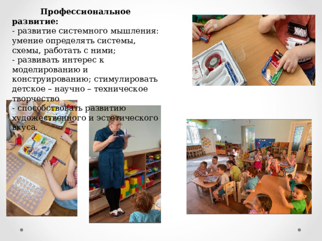  Профессиональное развитие: - развитие системного мышления: умение определять системы, схемы, работать с ними; - развивать интерес к моделированию и конструированию; стимулировать детское – научно – техническое творчество - способствовать развитию художественного и эстетического вкуса. 