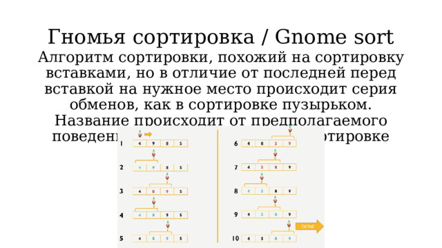 Гномья сортировка / Gnome sort Алгоритм сортировки, похожий на сортировку вставками, но в отличие от последней перед вставкой на нужное место происходит серия обменов, как в сортировке пузырьком. Название происходит от предполагаемого поведения садовых гномов при сортировке линии садовых горшков. 