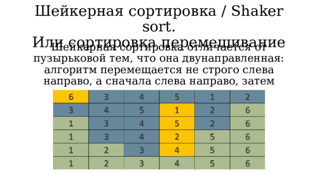 Шейкерная сортировка / Shaker sort.  Или сортировка перемешивание Шейкерная сортировка отличается от пузырьковой тем, что она двунаправленная: алгоритм перемещается не строго слева направо, а сначала слева направо, затем справа налево. 