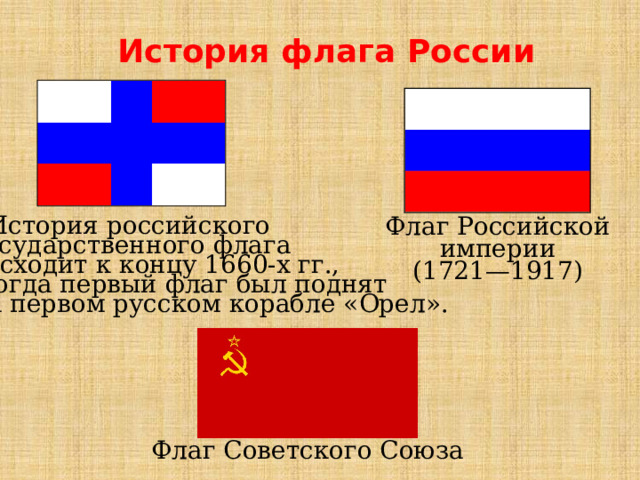 История флага России Флаг Российской империи (1721—1917)  История российского государственного флага восходит к концу 1660-х гг.,  когда первый флаг был поднят на первом русском корабле «Орел». Флаг Советского Союза 