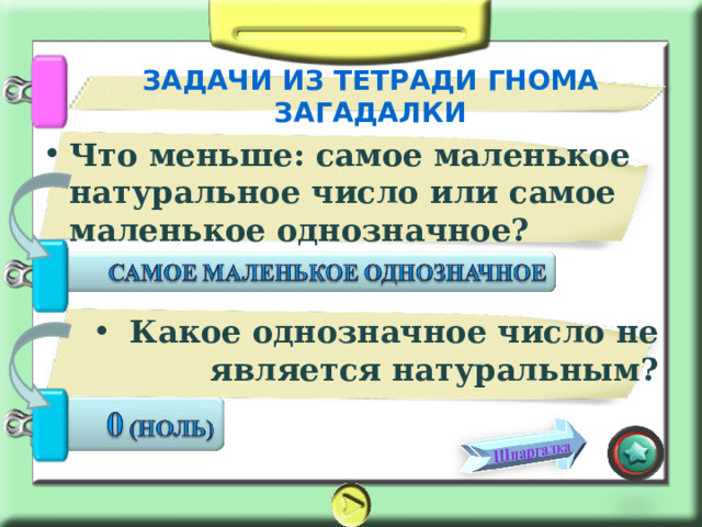 ЗАДАЧИ ИЗ ТЕТРАДИ ГНОМА ЗАГАДАЛКИ Что меньше: самое маленькое натуральное число или самое маленькое однозначное?   Какое однозначное число не является натуральным? 
