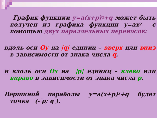  График функции у=а ( х+ p) 2 + q может быть получен из графика функции у=ах 2 с помощью двух параллельных переносов:  вдоль оси Оу на ‌‌‌‌| q |  единиц – вверх или вниз в зависимости от знака числа q ,   и вдоль оси Ох  на  ‌‌‌‌| p |  единиц – влево или вправо в зависимости от знака числа p .  Вершиной параболы у=а ( х+ p) 2 + q будет точка ( - p; q ). 