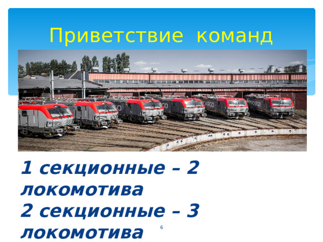Приветствие команд 1 секционные – 2 локомотива 2 секционные – 3 локомотива 3 секционные – 2 локомотива 4 секционные – 1 локомотив  