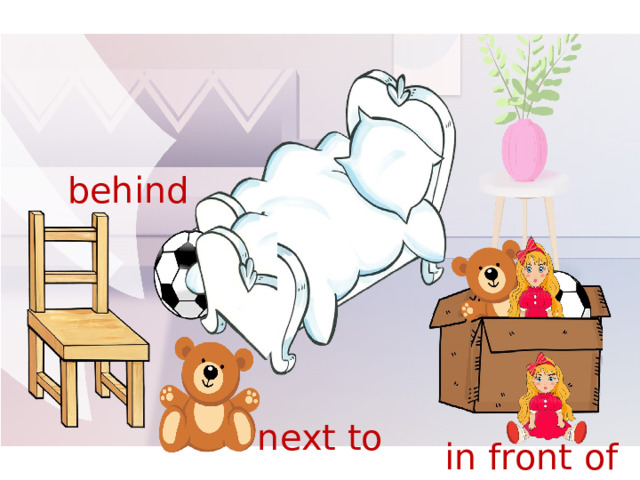 behind next to in front of 