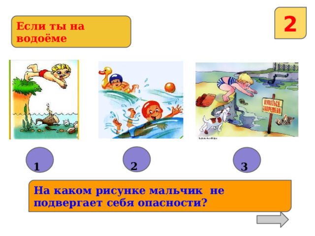 2 Если ты на водоёме  2  1  3 На каком рисунке мальчик не подвергает себя опасности? 