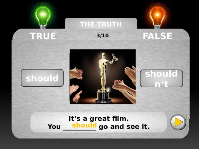 THE TRUTH MACHINE TRUE FALSE 3/10 should shouldn’t It’s a great film. You __________ go and see it. should should 