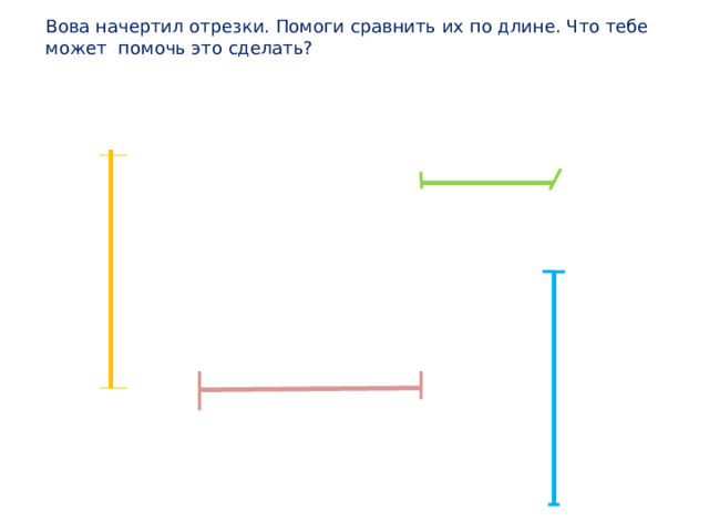 Вова начертил отрезки. Помоги сравнить их по длине. Что тебе может помочь это сделать? 
