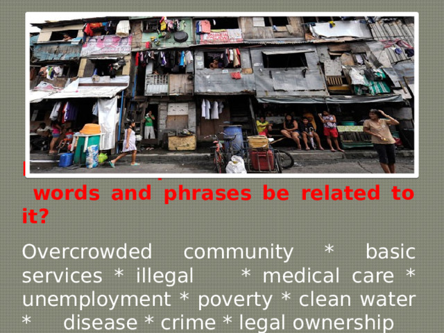 Look at the picture. How can these words and phrases be related to it? Overcrowded community * basic services * illegal * medical care * unemployment * poverty * clean water * disease * crime * legal ownership 