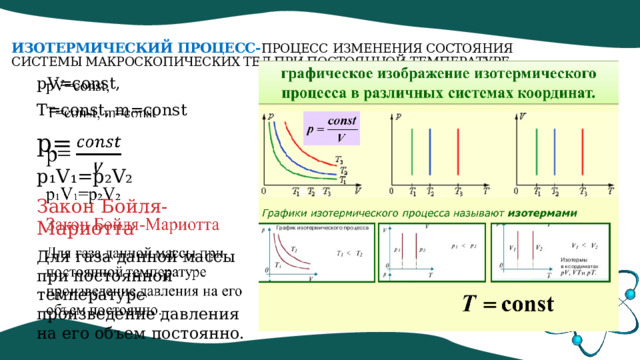 Изотермический процесс- процесс  изменения состояния системы макроскопических тел при постоянной температуре   pV=const,   T=const, m=const p= p ₁V₁=p₂V₂ Закон Бойля-Мариотта Для газа данной массы при постоянной температуре произведение давления на его объем постоянно. Lorem ipsum dolor sit amet, consectetur adipiscing elit, sed do eiusmod tempor incididunt ut labore et dolore magna aliqua. Ut enim ad minim veniam, quis nostrud exercitation ullamco laboris nisi ut aliquip ex ea commodo consequat. Duis aute irure dolor in reprehenderit in voluptate velit esse cillum dolore eu fugiat nulla pariatur. 