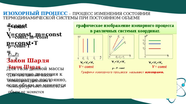 Изохорный процесс - процесс изменения состояния термодинамической системы при постоянном объеме =const   V=const, m=const p=const∙T = Закон Шарля Для газа данной массы отношение давления к температуре постоянно, если объем не меняется 