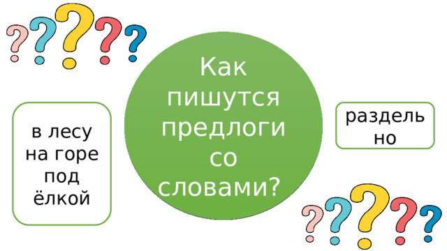 Как пишутся предлоги со словами? в лесу раздельно на горе под ёлкой  