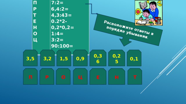 П Р 7:2= Т 6,4:2= Е 4,3:43= Н 0.2*2-0,2*0,2= О 1:4= Ц 3:2= 90:100=   Расположите ответы в порядке убывания . 3,5 1,5 0,9 0,36 0,25 3,2 0,1 О Ц Т П Р Е Н 