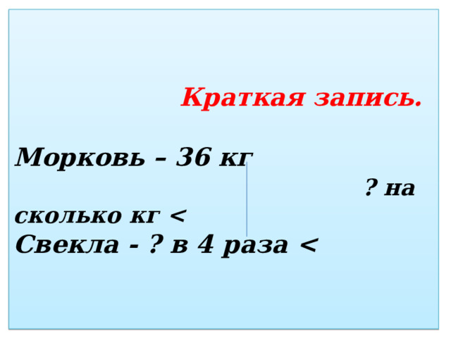  Краткая запись.   Морковь – 36 кг   ? на сколько кг   Свекла - ? в 4 раза  