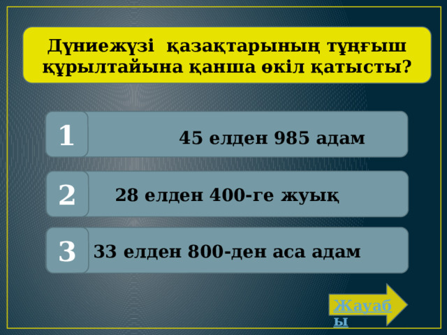 Дүниежүзі қазақтарының тұңғыш құрылтайына қанша өкіл қатысты? 1 45 елден 985 адам 28 елден 400-ге жуық 2 33 елден 800-ден аса адам 3 