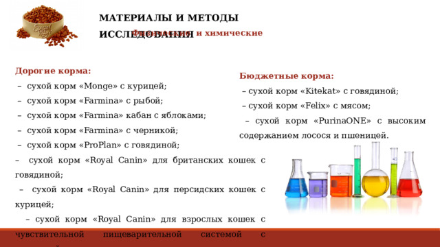 МАТЕРИАЛЫ И МЕТОДЫ ИССЛЕДОВАНИЯ Физические и химические Дорогие корма: – сухой корм «Monge» с курицей; – сухой корм «Farmina» с рыбой; – сухой корм «Farmina» кабан с яблоками; – сухой корм «Farmina» с черникой; – сухой корм «ProPlan» с говядиной; – сухой корм «Royal Canin» для британских кошек с говядиной; – сухой корм «Royal Canin» для персидских кошек с курицей; – сухой корм «Royal Canin» для взрослых кошек с чувствительной пищеварительной системой с говядиной. Бюджетные корма: – сухой корм «Kitekat» с говядиной; – cухой корм «Felix» с мясом;  – cухой корм «PurinaONE» с высоким содержанием лосося и пшеницей. 