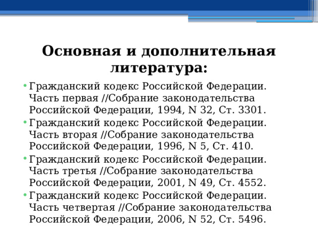 Основная и дополнительная литература: Гражданский кодекс Российской Федерации. Часть первая //Собрание законодательства Российской Федерации, 1994, N 32, Ст. 3301. Гражданский кодекс Российской Федерации. Часть вторая //Собрание законодательства Российской Федерации, 1996, N 5, Ст. 410. Гражданский кодекс Российской Федерации. Часть третья //Собрание законодательства Российской Федерации, 2001, N 49, Ст. 4552. Гражданский кодекс Российской Федерации. Часть четвертая //Собрание законодательства Российской Федерации, 2006, N 52, Ст. 5496. 