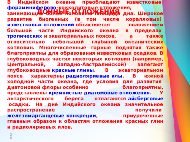 В Индийском океане преобладают известковые  фораминиферово - кокколитовые  отложения, занимающие более половины площади дна. Широкое развитие биогенных (в том числе коралловых)  известковых отложений  объясняется положением большой части Индийского океана в пределах  тропических  и  экваториальных поясов , а также относительно небольшой глубиной океанических котловин. Многочисленные горные поднятия также благоприятны для образования известковых осадков. В глубоководных частях некоторых котловин (например, Центральной, Западно-Австралийской) залегают глубоководные  красные глины . В экваториальном поясе характерны  радиоляриевые илы . В южной холодной части океана, где условия для развития  диатомовой флоры  особенно благоприятны, представлены  кремнистые   диатомовые отложения . У антарктического берега отлагаются  айсберговые  осадки. На дне Индийского океана значительное распространение получили  железомарганцевые конкреции , приуроченные главным образом к областям отложения красных глин и радиоляриевых илов. ДОННЫЕ ОТЛОЖЕНИЯ  