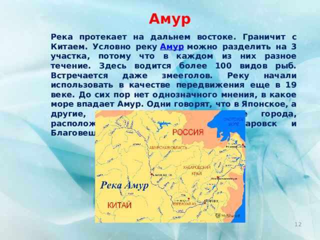 Амур Река протекает на дальнем востоке. Граничит с Китаем. Условно реку  Амур  можно разделить на 3 участка, потому что в каждом из них разное течение. Здесь водится более 100 видов рыб. Встречается даже змееголов. Реку начали использовать в качестве передвижения еще в 19 веке. До сих пор нет однозначного мнения, в какое море впадает Амур. Одни говорят, что в Японское, а другие, что в Охотское. Крупные города, расположенные на берегу – Хабаровск и Благовещенск. Длина реки – 2824 км.  