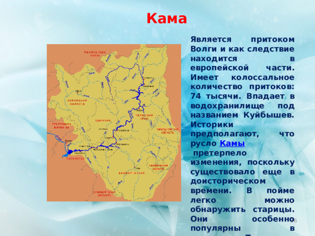 Кама Является притоком Волги и как следствие находится в европейской части. Имеет колоссальное количество притоков: 74 тысячи. Впадает в водохранилище под названием Куйбышев. Историки предполагают, что русло  Камы  претерпело изменения, поскольку существовало еще в доисторическом времени. В пойме легко можно обнаружить старицы. Они особенно популярны в верховье. Там река особо извилиста. Работает ГЭС и имеется водохранилище. Длина Камы – 1805 км.    