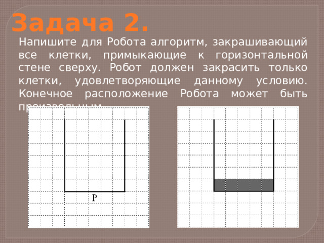 Задача 2. Напишите для Робота алгоритм, закрашивающий все клетки, примыкающие к горизонтальной стене сверху. Робот должен закрасить только клетки, удовлетворяющие данному условию. Конечное расположение Робота может быть произвольным. 