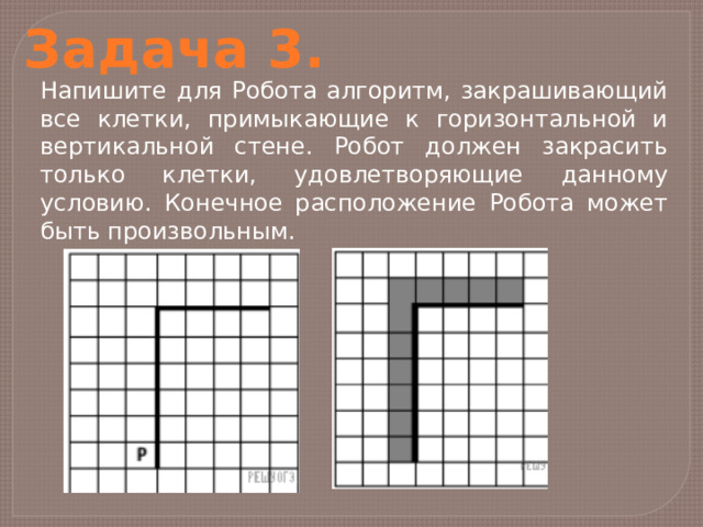 Задача 3. Напишите для Робота алгоритм, закрашивающий все клетки, примыкающие к горизонтальной и вертикальной стене. Робот должен закрасить только клетки, удовлетворяющие данному условию. Конечное расположение Робота может быть произвольным. 