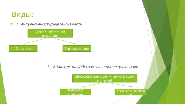 Виды: 7. Импульсивность/рефлексивность       8.Конкретная/абстрактная концептуализация Время принятия решения Быстрое Замедленное Дифференциация и интеграция понятий Высокая степень Незначительная  