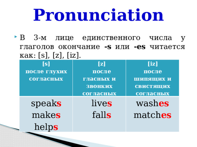 Pronunciation В 3-м лице единственного числа у глаголов окончание -s или -es читается как: [s], [z], [iz]. [s] после глухих согласных [z] speak s после гласных и звонких согласных [iz] make s live s после шипящих и свистящих согласных fall s help s wash es match es 