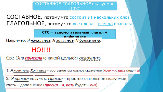 СОСТАВНОЕ ГЛАГОЛЬНОЕ сказуемое (СГС) СОСТАВНОЕ, потому что состоит из нескольких слов ГЛАГОЛЬНОЕ , потому что все слова – всегда глаголы СГС = вспомогательный глагол + инфинитив НО!!!! 