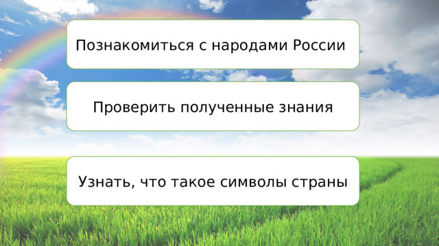 Познакомиться с народами России Проверить полученные знания Узнать, что такое символы страны 