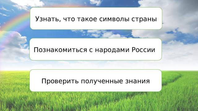 Узнать, что такое символы страны Познакомиться с народами России Проверить полученные знания 