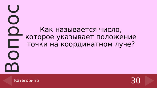 Как называется число, которое указывает положение точки на координатном луче? Категория 2 30 