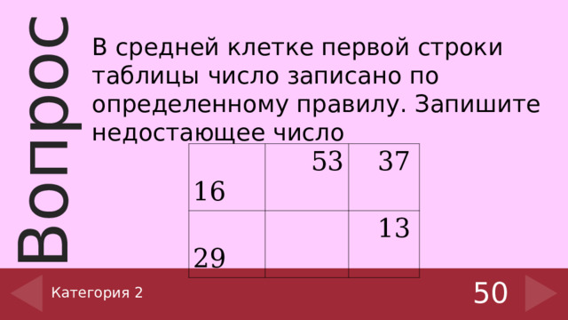 В средней клетке первой строки таблицы число записано по определенному правилу. Запишите недостающее число  16  29  53  37  13 Категория 2 50 