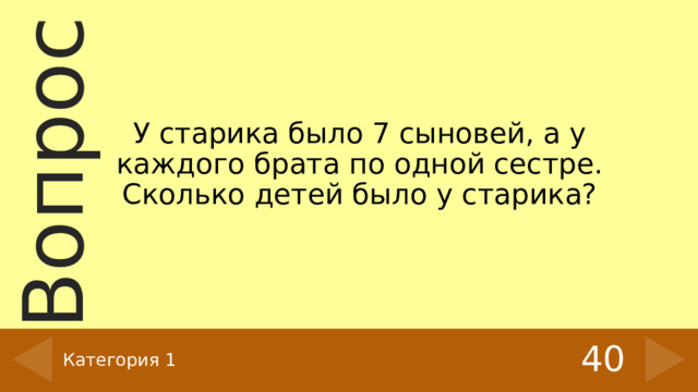 У старика было 7 сыновей, а у каждого брата по одной сестре. Сколько детей было у старика? 40 Категория 1 